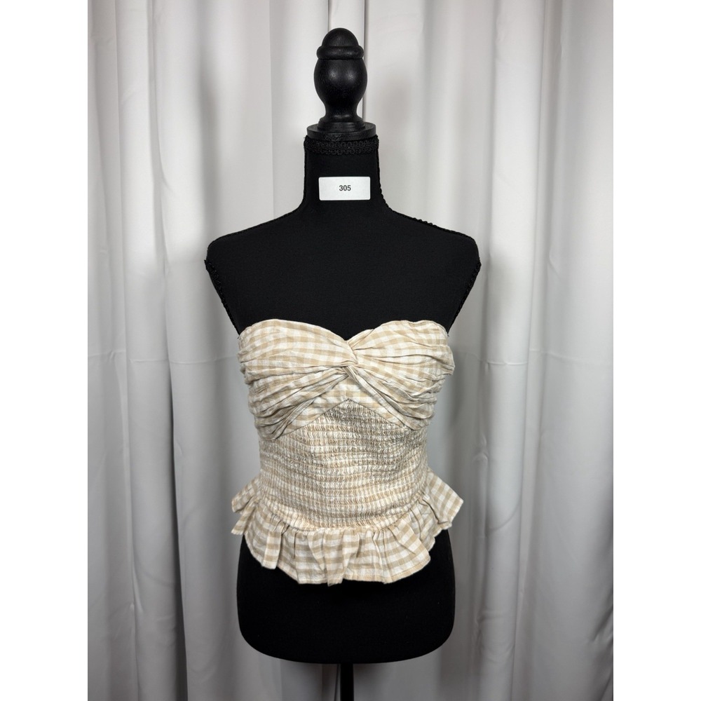 Japna XS Gingham Strapless Crop Top Smocked Sweetheart Ruffle Peplum Cotton